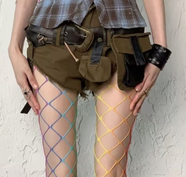 Gökkuşağı Gradyan Balık Ağı Punk 2YK File Külotlu Çorap