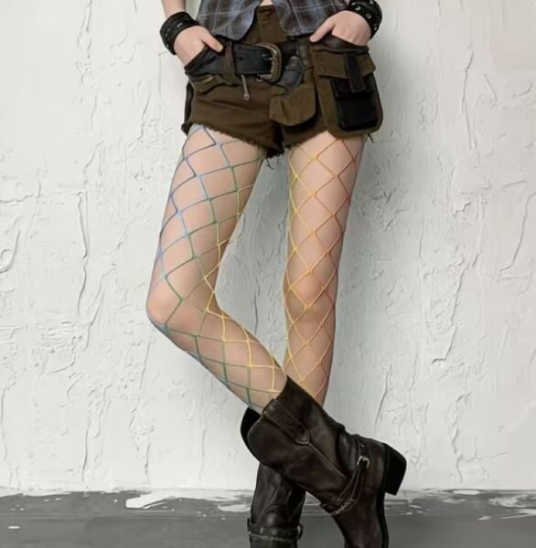 Gökkuşağı Gradyan Balık Ağı Punk 2YK File Külotlu Çorap