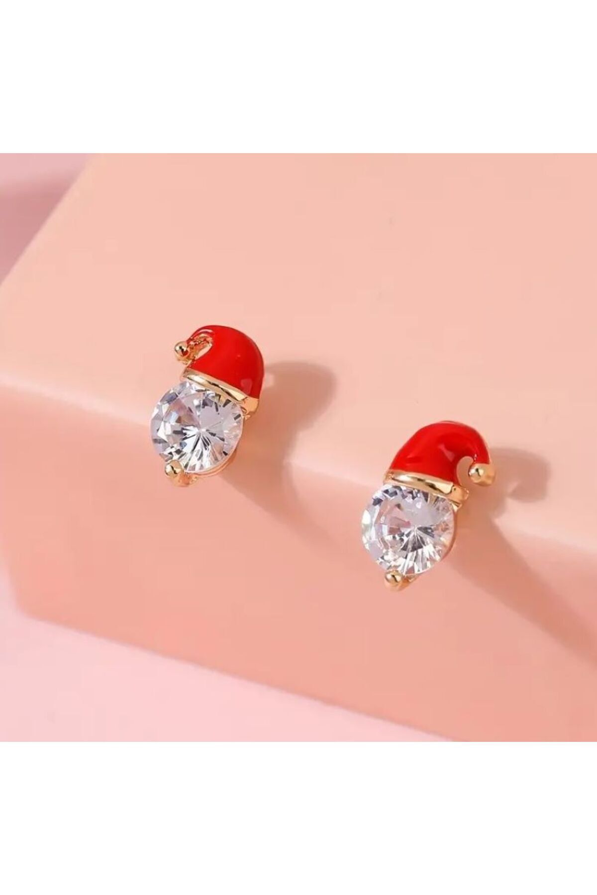 Beyaz Zirkonya ile Süslenmiş, Sevimli, Zarif  Noel Şapkası, küçük küpe