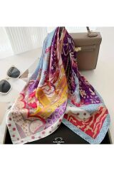 Renkli Çiçekli, Güneşten Koruyan, Rüzgar Geçirmez, Çift Taraf Baskılı, Şal, Fular, Eşarp 70x70
