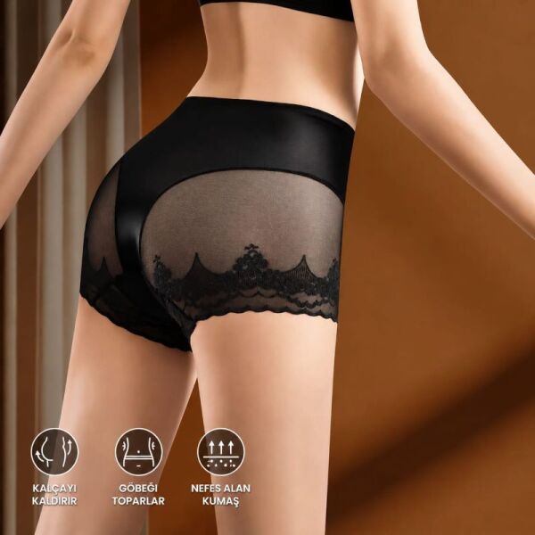 Üç Etkili Push-Up, Lift-Up, Nefes Alabilir, İz Bırakmayan Dantel Detaylı Brezilian Korse-Siyah