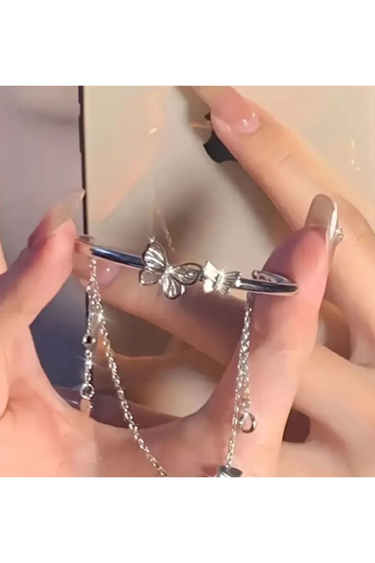 Kelebek Charmlı, Zincirli, Çift Katmanlı Bilezik, Bileklik