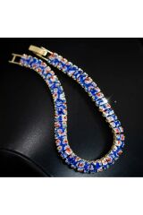 18 Ayar Altın Kaplama, Mavi-Beyaz Çiçek Desenli, Zirkon Detaylı Bileklik-Bilezik