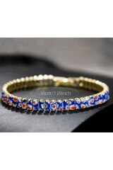 18 Ayar Altın Kaplama, Mavi-Beyaz Çiçek Desenli, Zirkon Detaylı Bileklik-Bilezik