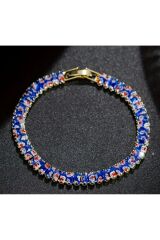 18 Ayar Altın Kaplama, Mavi-Beyaz Çiçek Desenli, Zirkon Detaylı Bileklik-Bilezik