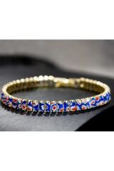 18 Ayar Altın Kaplama, Mavi-Beyaz Çiçek Desenli, Zirkon Detaylı Bileklik-Bilezik