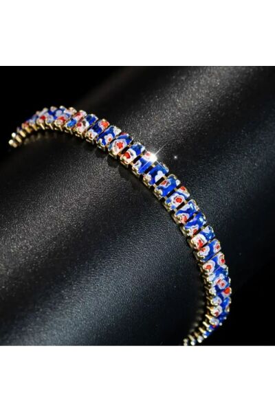 18 Ayar Altın Kaplama, Mavi-Beyaz Çiçek Desenli, Zirkon Detaylı Bileklik-Bilezik