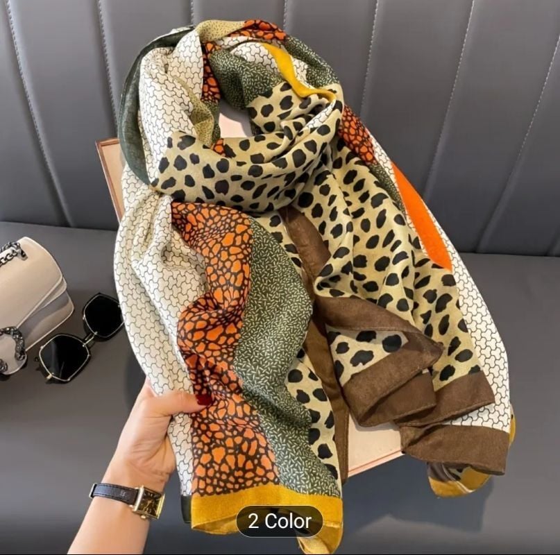 Leopar Detaylı, Çok Renkli, Rüzgar Geçirmez, Çift Taraf Baskılı, Uzun Fular, Eşarp 70x180(Kahve)
