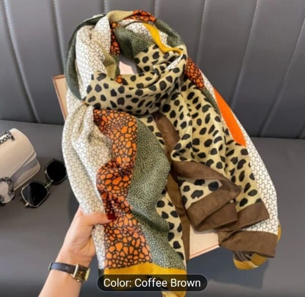 Leopar Detaylı, Çok Renkli, Rüzgar Geçirmez, Çift Taraf Baskılı, Uzun Fular, Eşarp 70x180(Kahve)