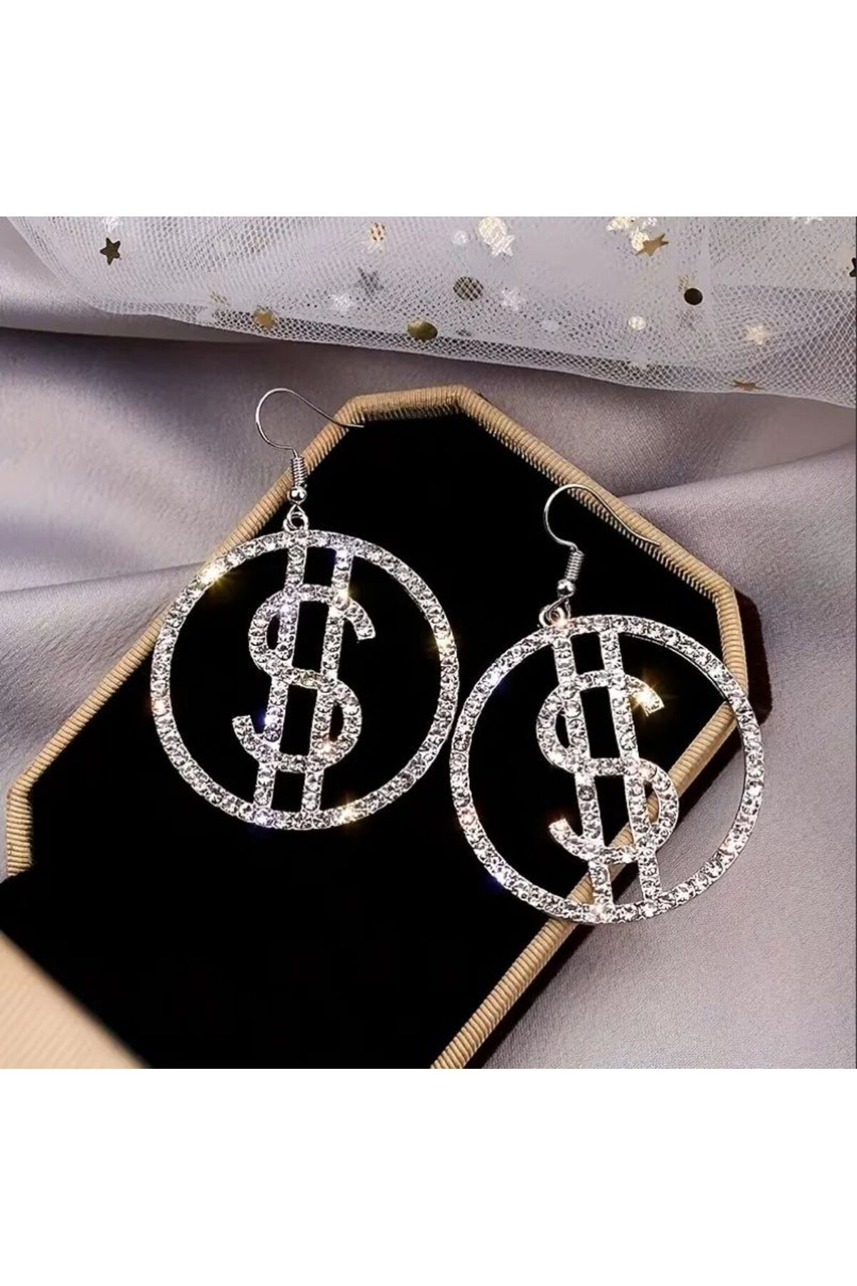 Gümüş Kaplama Dolar İşaretli, Taşlı Parti Küpesi