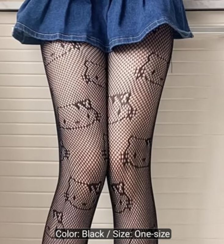 Hello Kitty Temalı Lolita Tarzı Y2K Külotlu File Çorap 40-75 Kg/Siyah