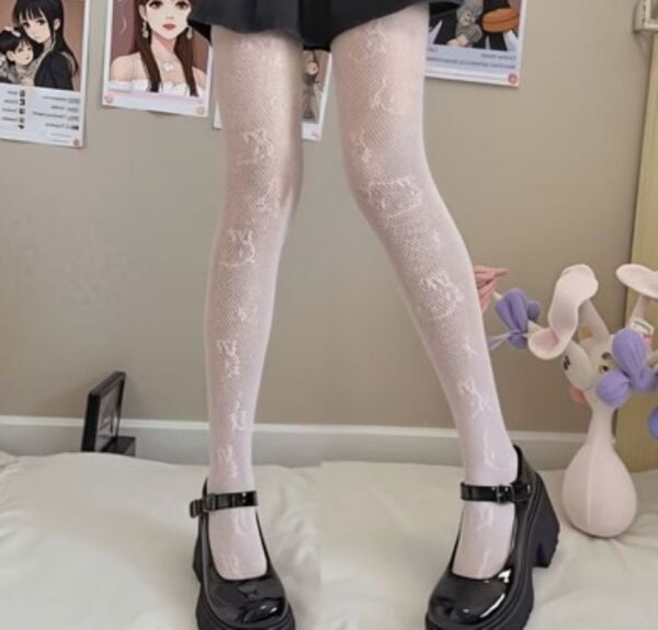 Hello Kitty Temalı Lolita Tarzı Y2K Külotlu File Çorap 40-75 Kg/Beyaz