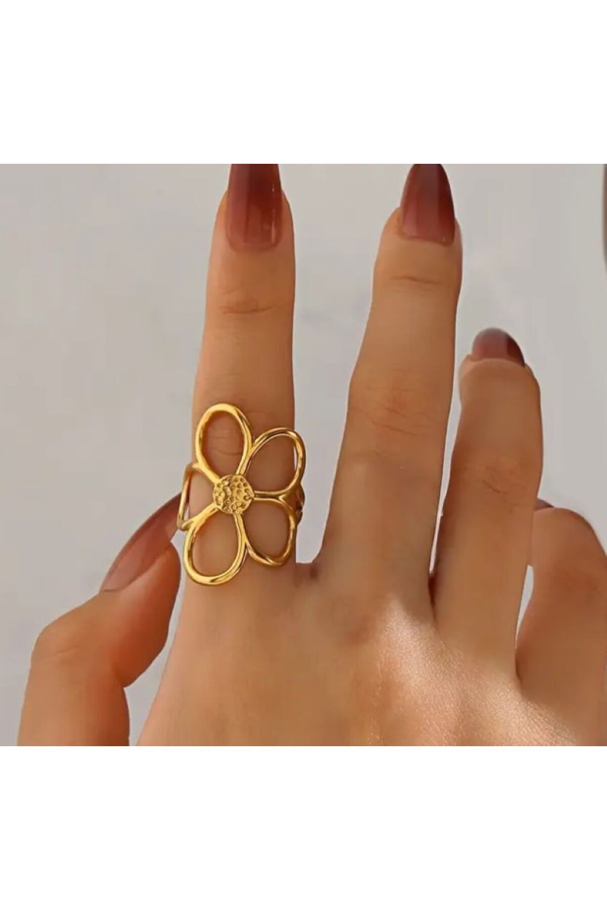 18K Altın Kaplama, Çiçek Motifli, Paslanmaz Çelik Yüzük