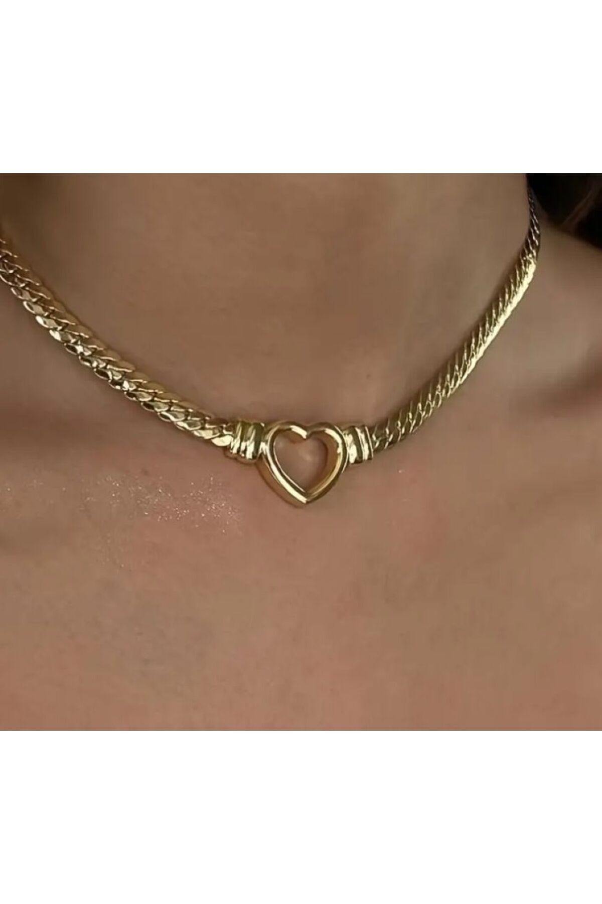 18 Ayar Altın Kaplama, Paslanmaz Çelik, Kalp Figürlü Kalın Zincir Kolye