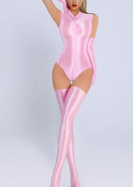 Yağlı, Parlak, Önden Fermuarlı Body, Eldiven ve Çorap seti (Pembe) (S-M Beden)