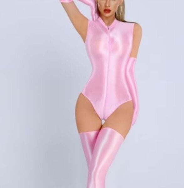 Yağlı, Parlak, Önden Fermuarlı Body, Eldiven ve Çorap seti (Pembe) (L-XL Beden)