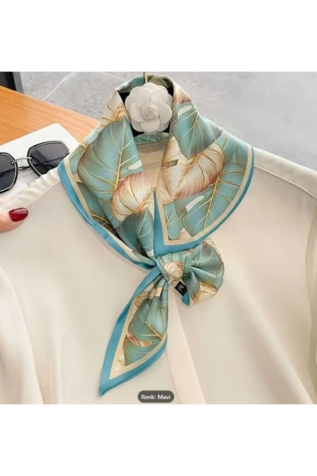 Bohem, Yaprak Desenli, Dekoratif, Uzun Ipek Saten Şal Eşarp 75x13