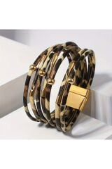 Lüks, Boho Şık Leopar Desenli Suni Deri Sarma Bilezik