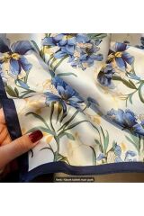 Mavi Çiçek Desenli,Güneşten Koruyan, Rüzgar Geçirmez, Çift Taraf Baskılı, Fular, Eşarp 70x70