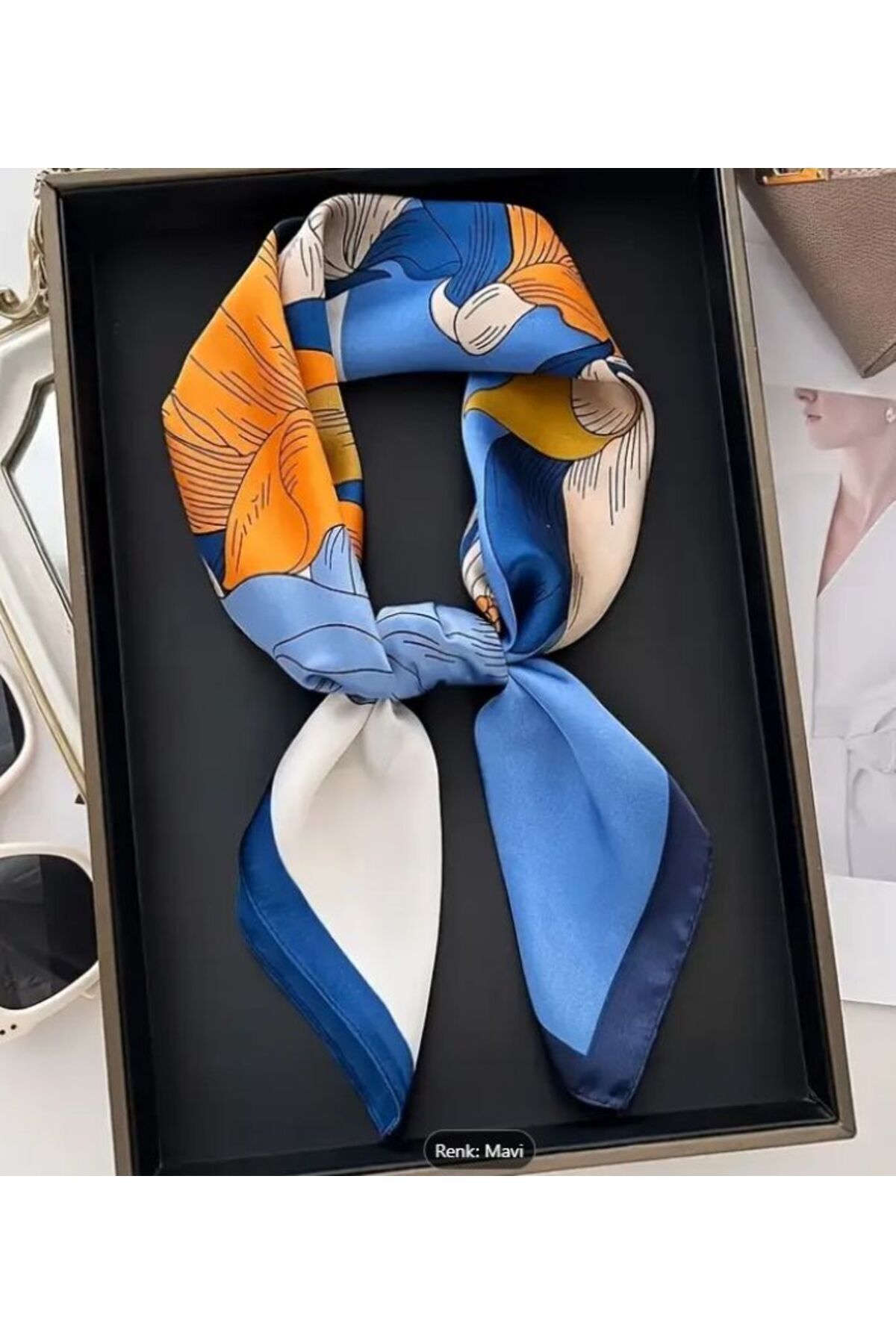 Kontrast Çiçekli, Güneşten Koruyan, Rüzgar Geçirmez, Çift Taraf Baskılı, Fular, Eşarp 70x70