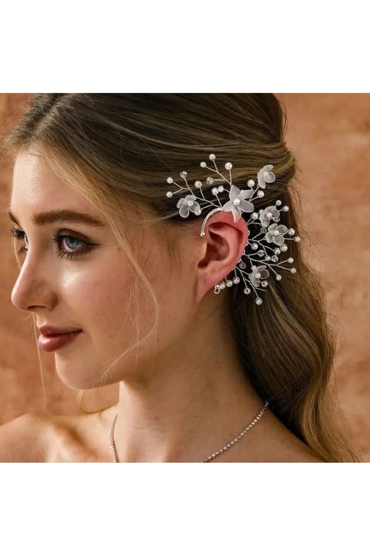 Boho Çiçekli, Elf Kulak Kolyesi, Delme Gerektirmez, Düğün, Parti