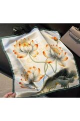 Lotus Çiçeği, Güneşten Koruyan, Rüzgar Geçirmez, Çift Taraf Baskılı, Fular, Eşarp 70x70